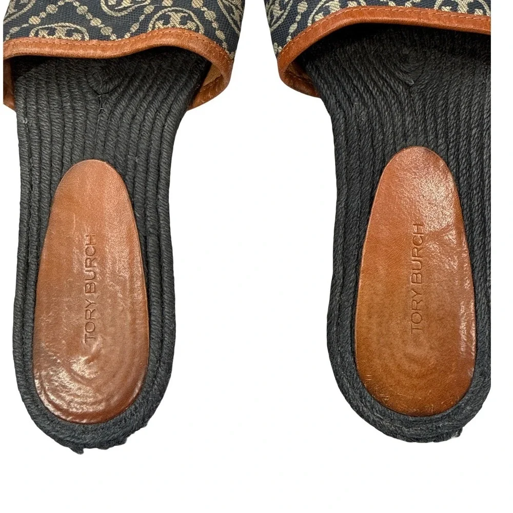 Tory Burch T Monogram‎ Espadrille Slides Size 6 Logo Sandals Navy Tan